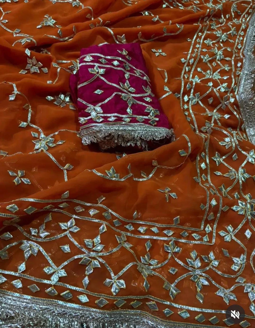 Pure Diamond Chiffon Rajwada Saree with Heavy Kaccha Gota Jaal & Sabyasachi Style Border