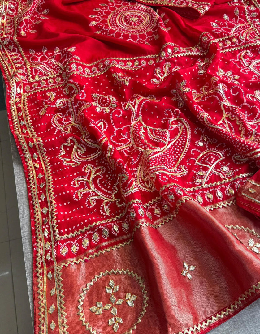 Handcrafted Pure Upada Silk Ghevar Bandhej Saree with Heavy Gota Work