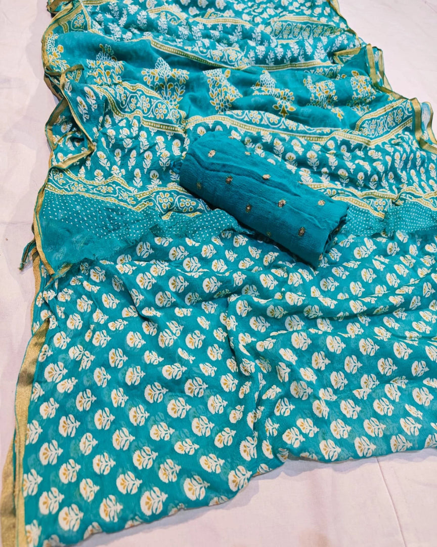 Pure Diamond Chiffon Fabric Saree With Sanganeri Hand Block Print Saree