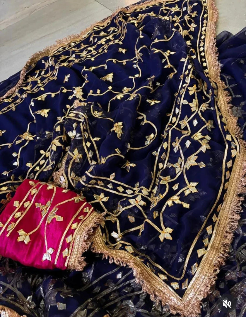 Pure Diamond Chiffon Rajwada Saree with Heavy Kaccha Gota Jaal & Sabyasachi Style Border