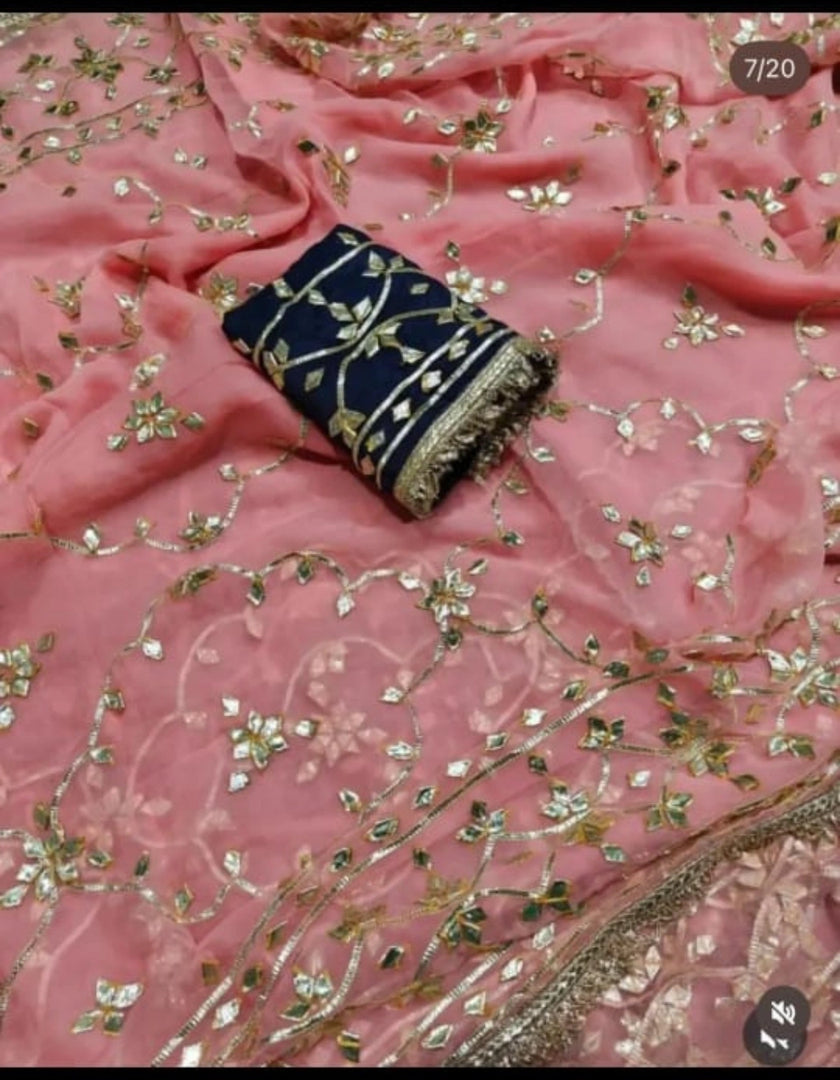 Pure Diamond Chiffon Rajwada Saree with Heavy Kaccha Gota Jaal & Sabyasachi Style Border