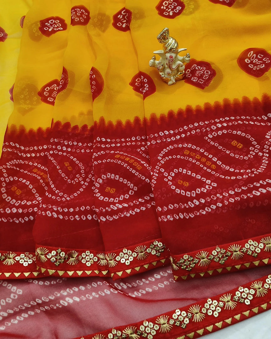 Georgette Fabric Laadu Peela Faag Special Saree With Sequence Work Border Saree
