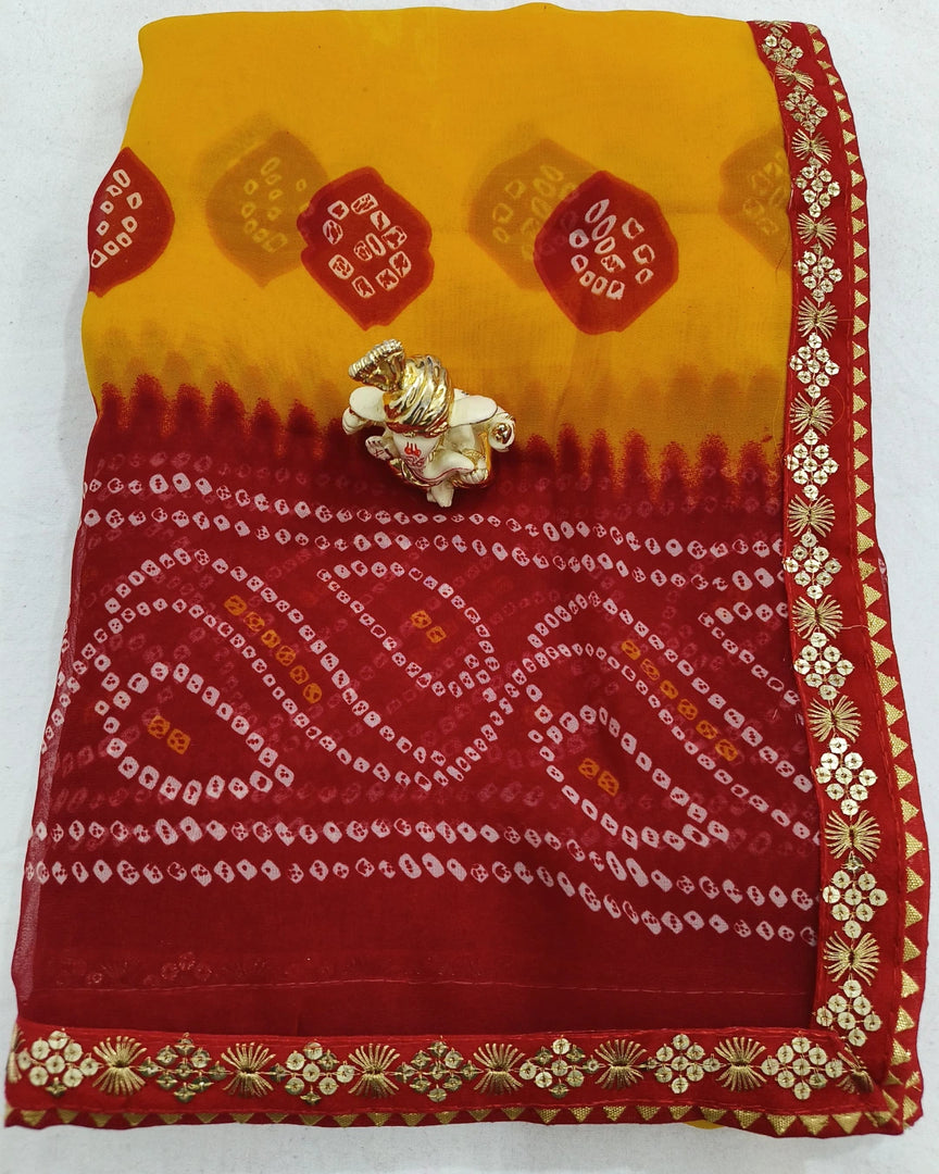 Georgette Fabric Laadu Peela Faag Special Saree With Sequence Work Border Saree