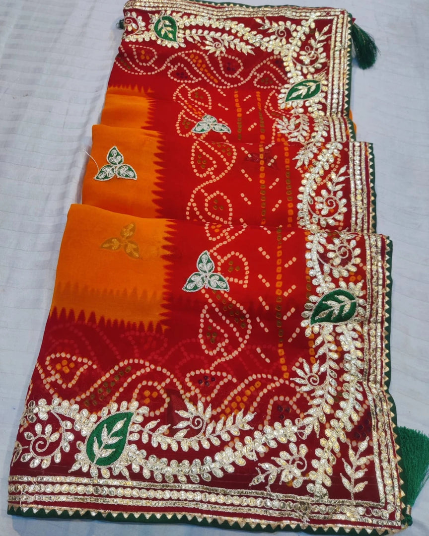 Pure Georgette Fabric Chunri Peela Bbandhej Saree With Gota Patti Hand Work Saree