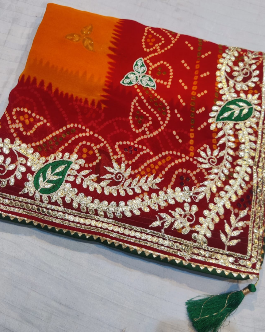 Pure Georgette Fabric Chunri Peela Bbandhej Saree With Gota Patti Hand Work Saree
