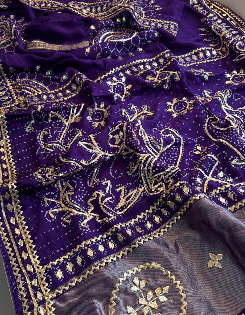 Handcrafted Pure Upada Silk Ghevar Bandhej Saree with Heavy Gota Work