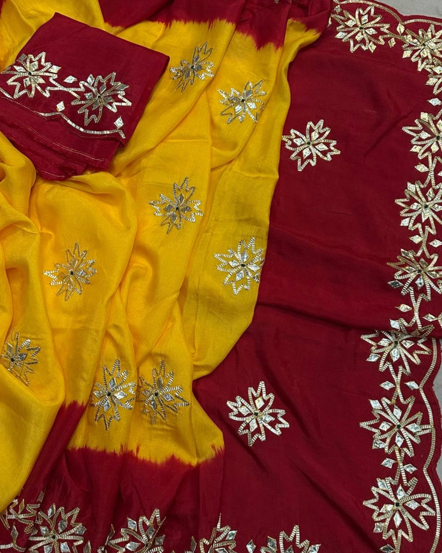 Pure Upada Silk Fabric Yellow & red Faag Special Saree With Sikhiya Charkhi gota Hand Work Saree