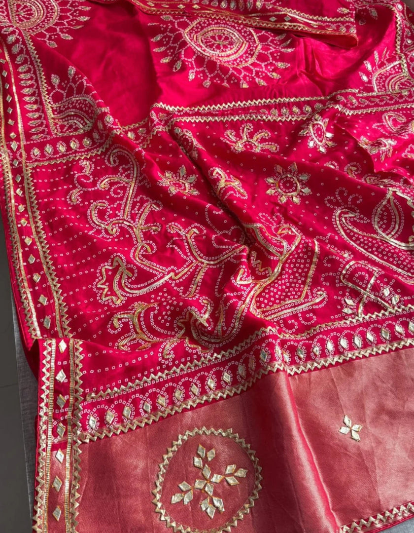 Handcrafted Pure Upada Silk Ghevar Bandhej Saree with Heavy Gota Work