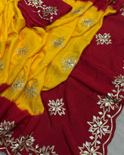 Pure Upada Silk Fabric Yellow & red Faag Special Saree With Sikhiya Charkhi gota Hand Work Saree