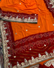 Georgeete Fabric Jaipuri Peela Chunri Bandhej Saree With Gota Patti Hand Work Saree