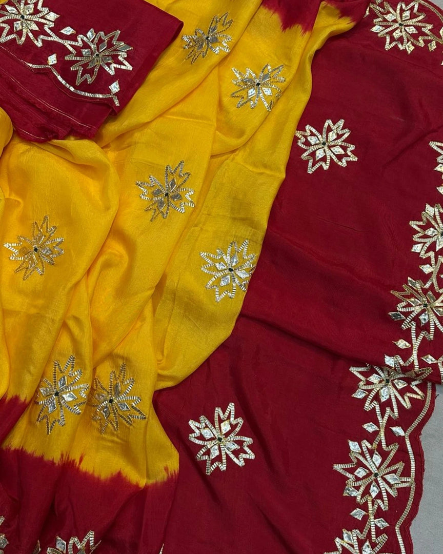 Pure Upada Silk Fabric Yellow & red Faag Special Saree With Sikhiya Charkhi gota Hand Work Saree