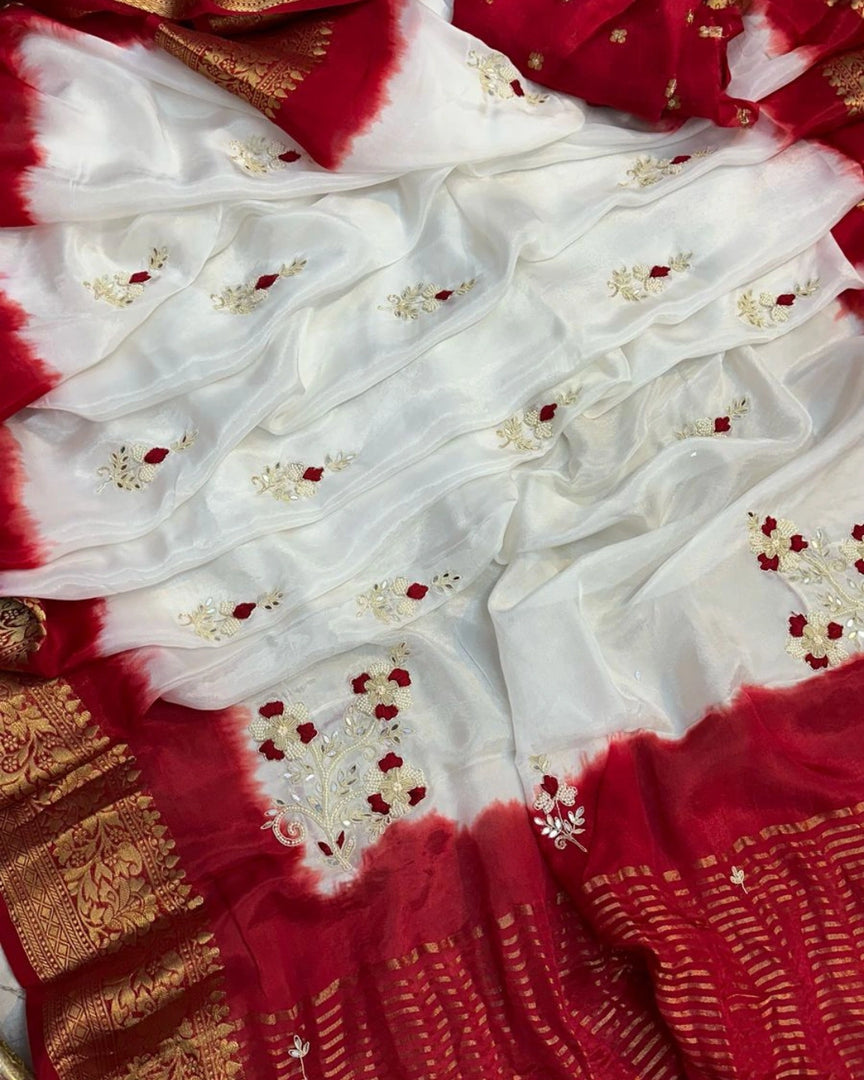 Pure Munga Silk Fabric Faag Special saree With Heavy Zari Border & Palla Saree, With Resham  & Pearls Hand Work saree
