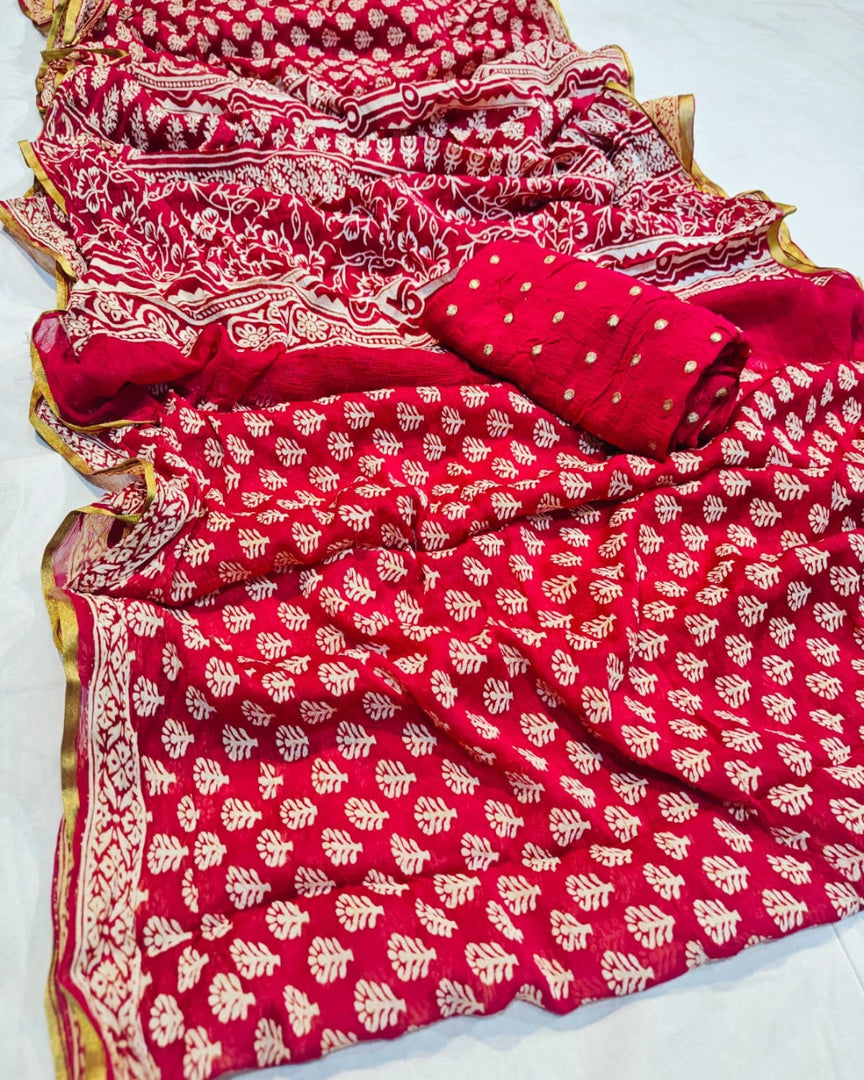 Pure Diamond Chiffon Fabric Saree With Sanganeri Hand Block Print Saree
