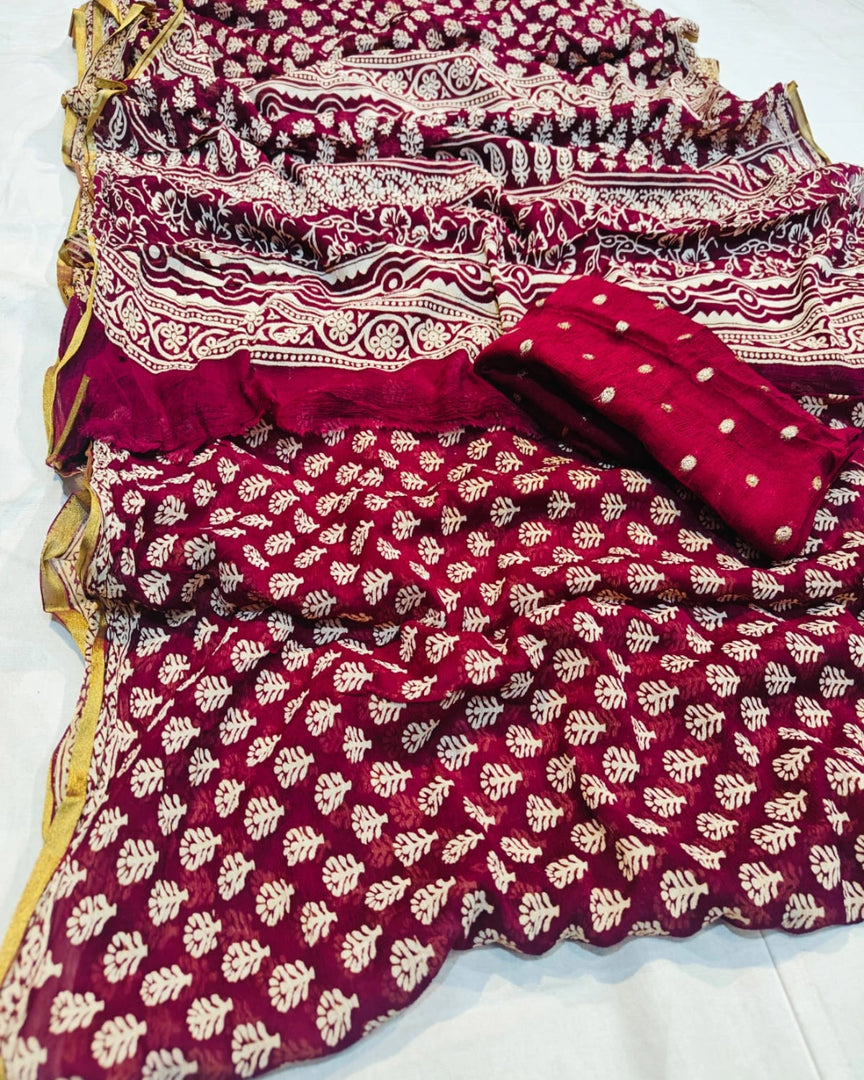 Pure Diamond Chiffon Fabric Saree With Sanganeri Hand Block Print Saree