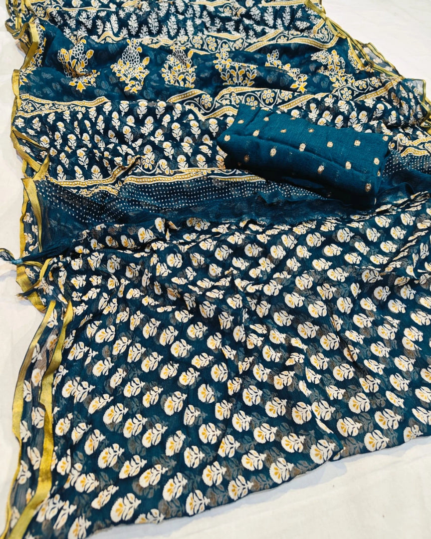 Pure Diamond Chiffon Fabric Saree With Sanganeri Hand Block Print Saree