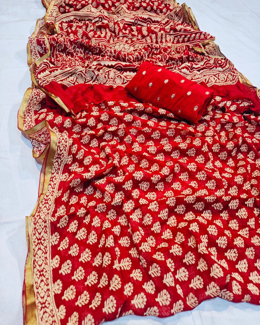 Pure Diamond Chiffon Fabric Saree With Sanganeri Hand Block Print Saree