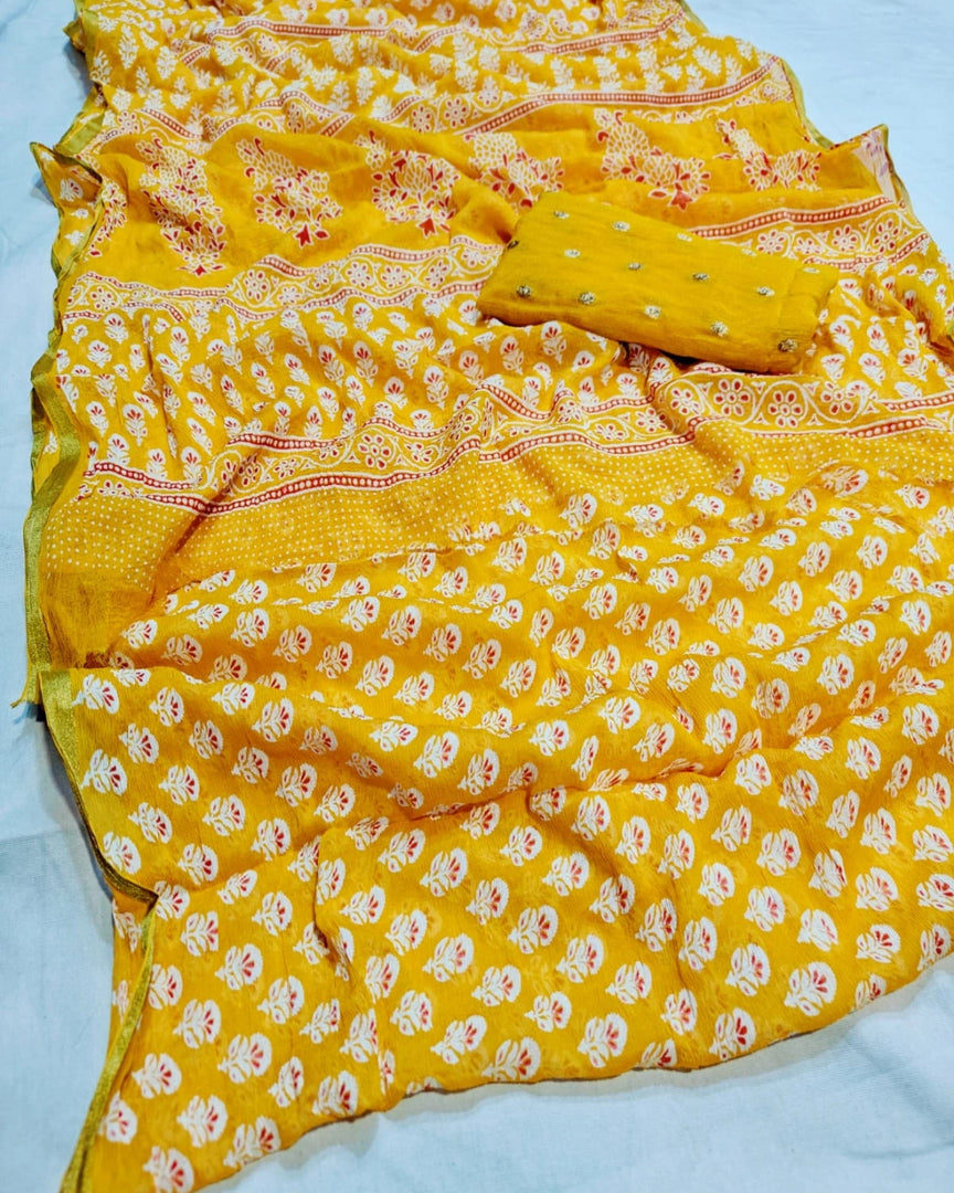 Pure Diamond Chiffon Fabric Saree With Sanganeri Hand Block Print Saree