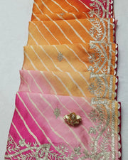 Pure Chinon Fabric Multicolor Leheriya Bandhej Saree With Sikhiya Charkhi gota work saree