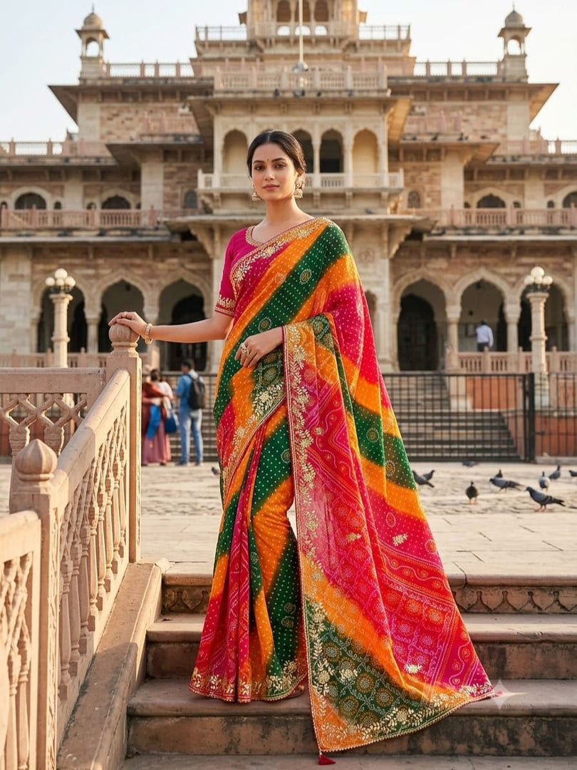 Pure Georgette  Pachranga Bandhani With Heavy Gota Patti Hand Work