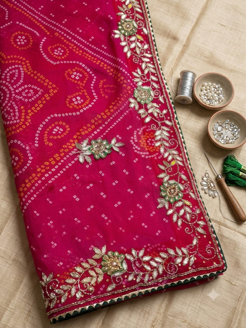 Pure Georgette  Pachranga Bandhani With Heavy Gota Patti Hand Work