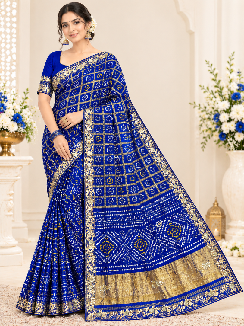Traditional Rajasthani Ghatchola Saree | Heavy Lakdi Patta Palla & Cutdana Handwork