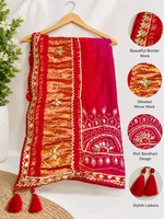 Load image into Gallery viewer, Pure Gajji Silk Rasmandal Chakra Bandhani Dupatta With Heavy Kaccha Gota &amp; Lakdi Patta Palla