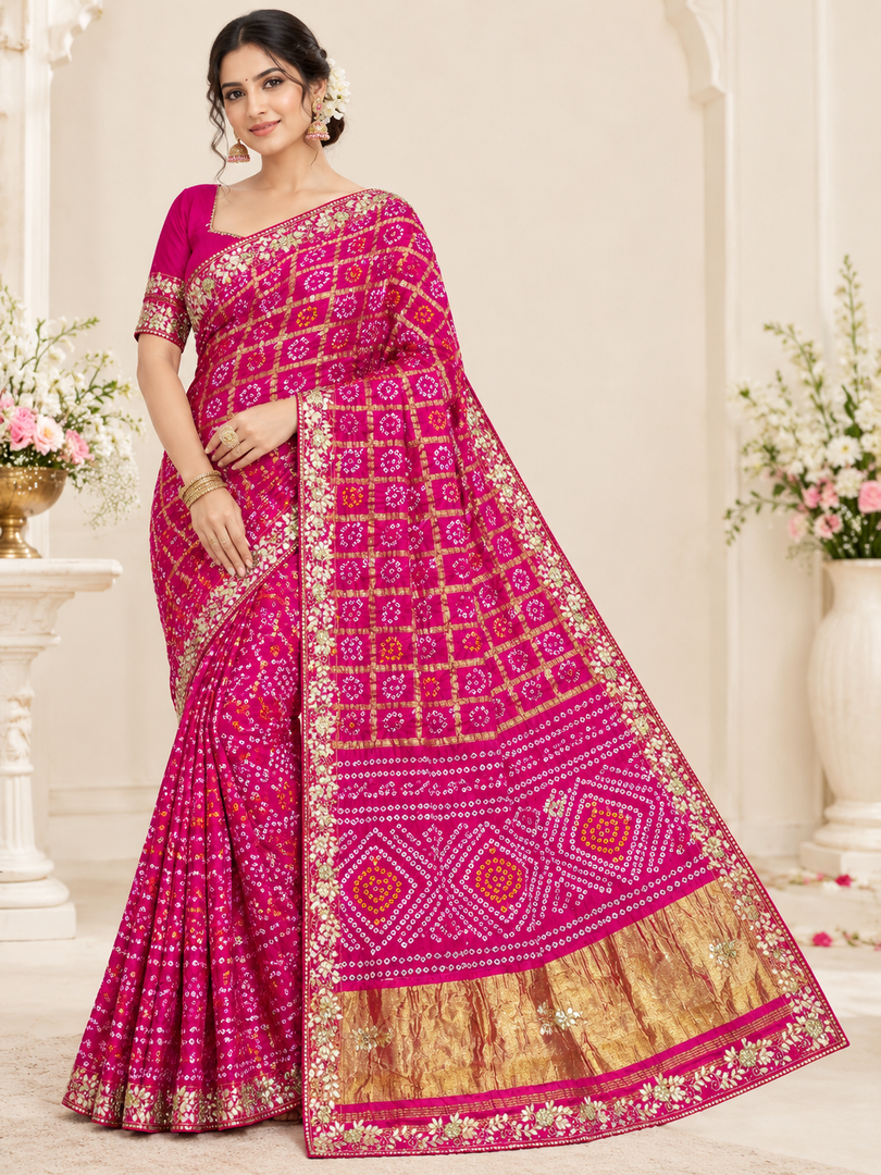 Traditional Rajasthani Ghatchola Saree | Heavy Lakdi Patta Palla & Cutdana Handwork