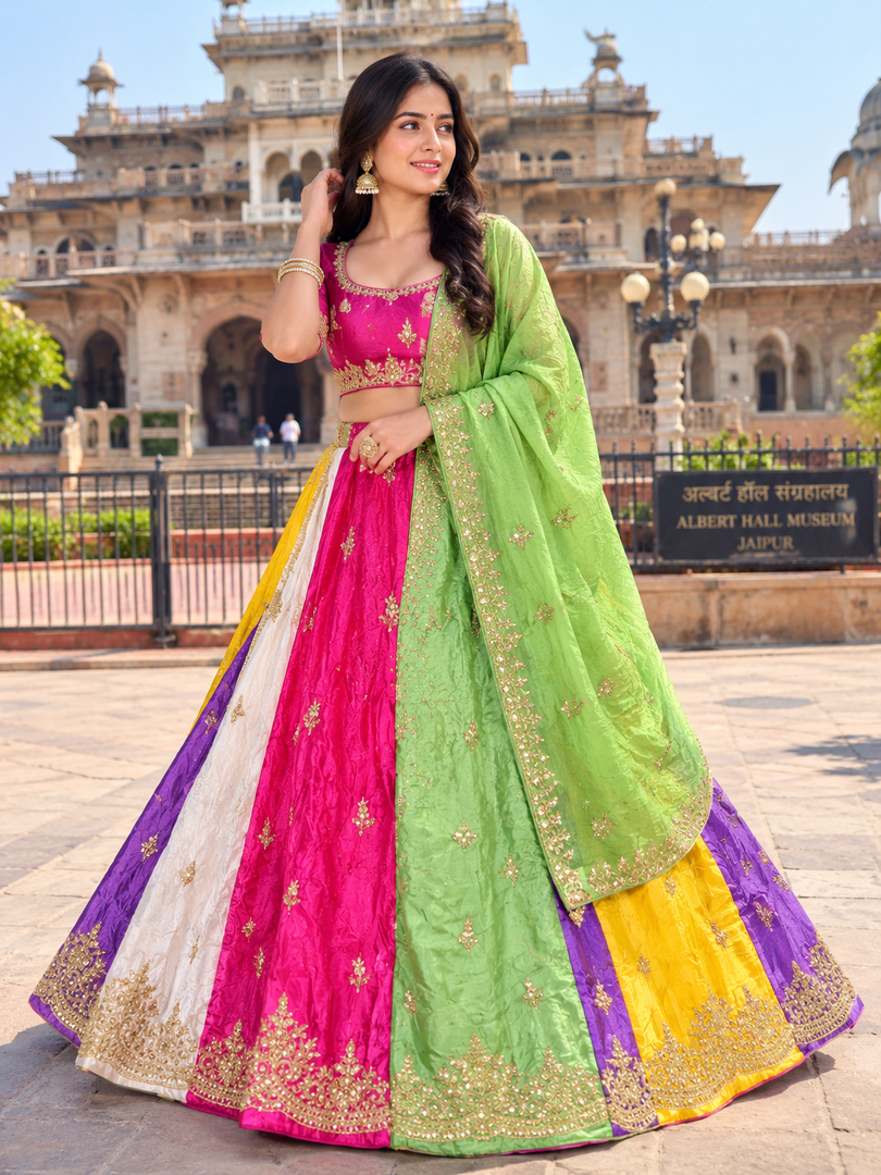 Premium Multicolour Pure Upada Silk Lehenga Set With Heavy Cutdana & Resham Work