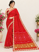 Load image into Gallery viewer, Pure Gajji Modal Silk Hand Bandhej Saree | Heavy Hand Gota Patti Work | Royal Rajasthani Designer Saree ❤️