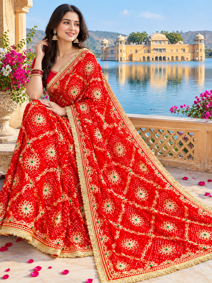 Royal Jaipuri Bandhej | Pure Georgette | Heavy Kaccha Sikhiya Charkhi Gota Jaal | Rajputi Lace Border