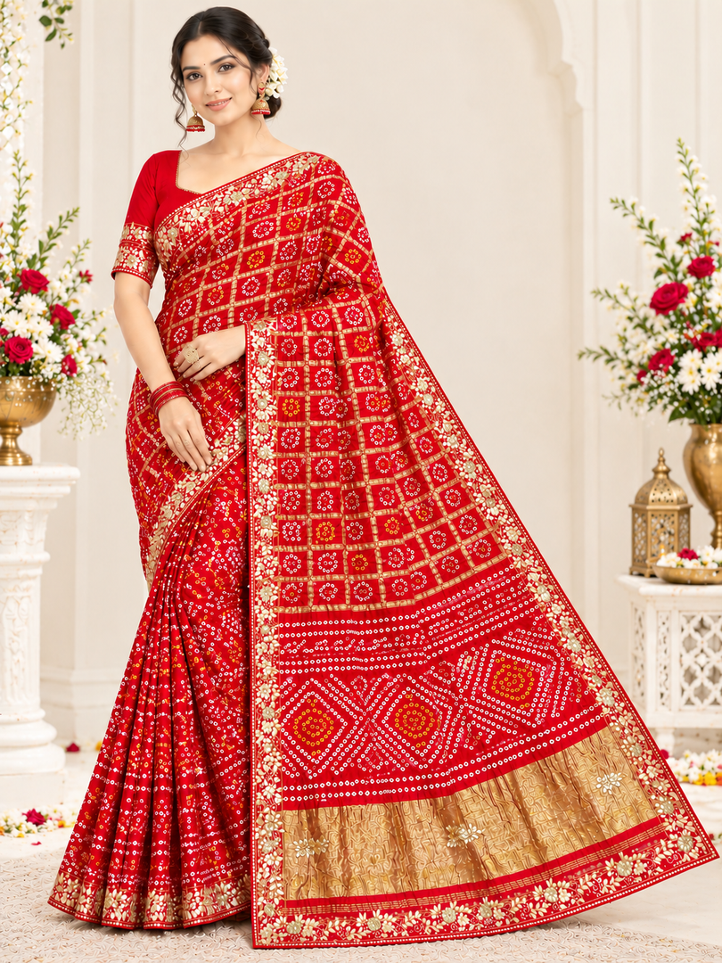 Traditional Rajasthani Ghatchola Saree | Heavy Lakdi Patta Palla & Cutdana Handwork