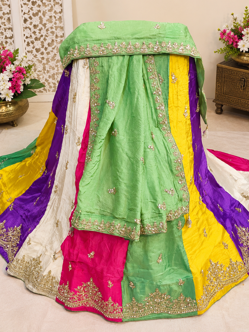 Premium Multicolour Pure Upada Silk Lehenga Set With Heavy Cutdana & Resham Work