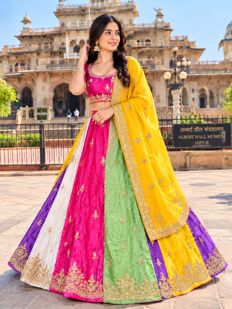 Premium Multicolour Pure Upada Silk Lehenga Set With Heavy Cutdana & Resham Work