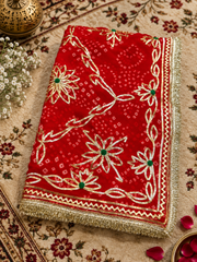Royal Jaipuri Bandhej | Pure Georgette | Heavy Kaccha Sikhiya Charkhi Gota Jaal | Rajputi Lace Border