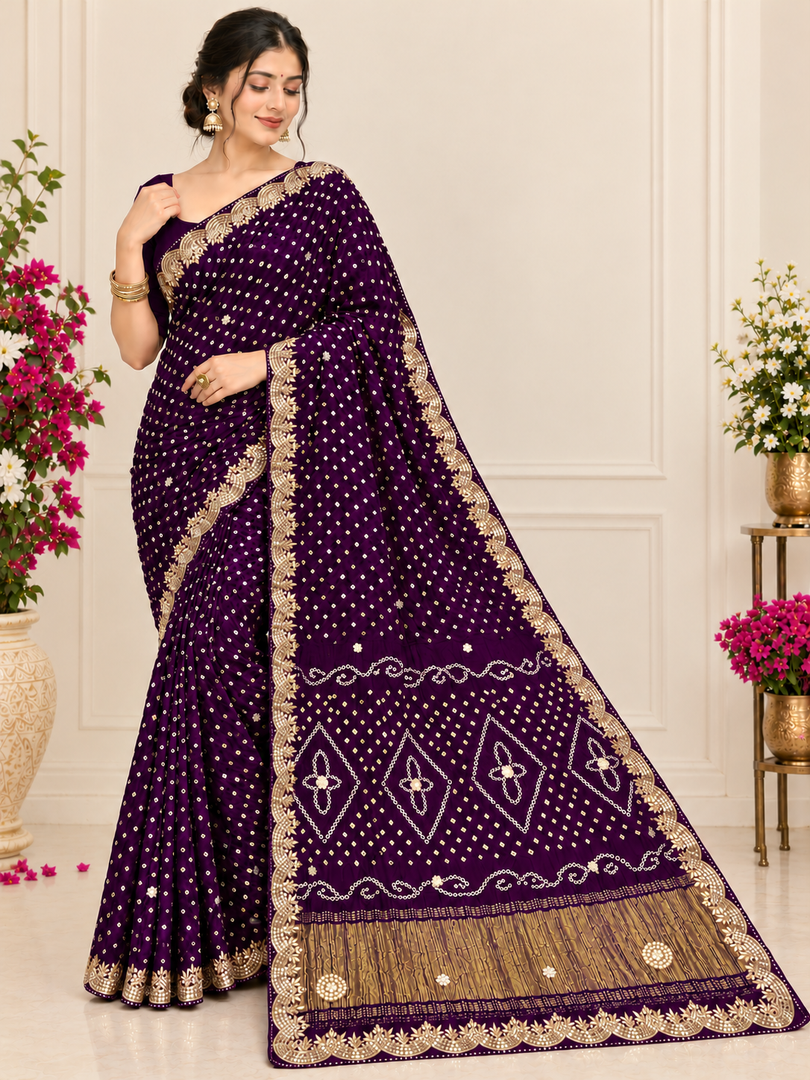Pure Gajji Modal Silk Hand Bandhej Saree | Heavy Hand Gota Patti Work | Royal Rajasthani Designer Saree ❤️