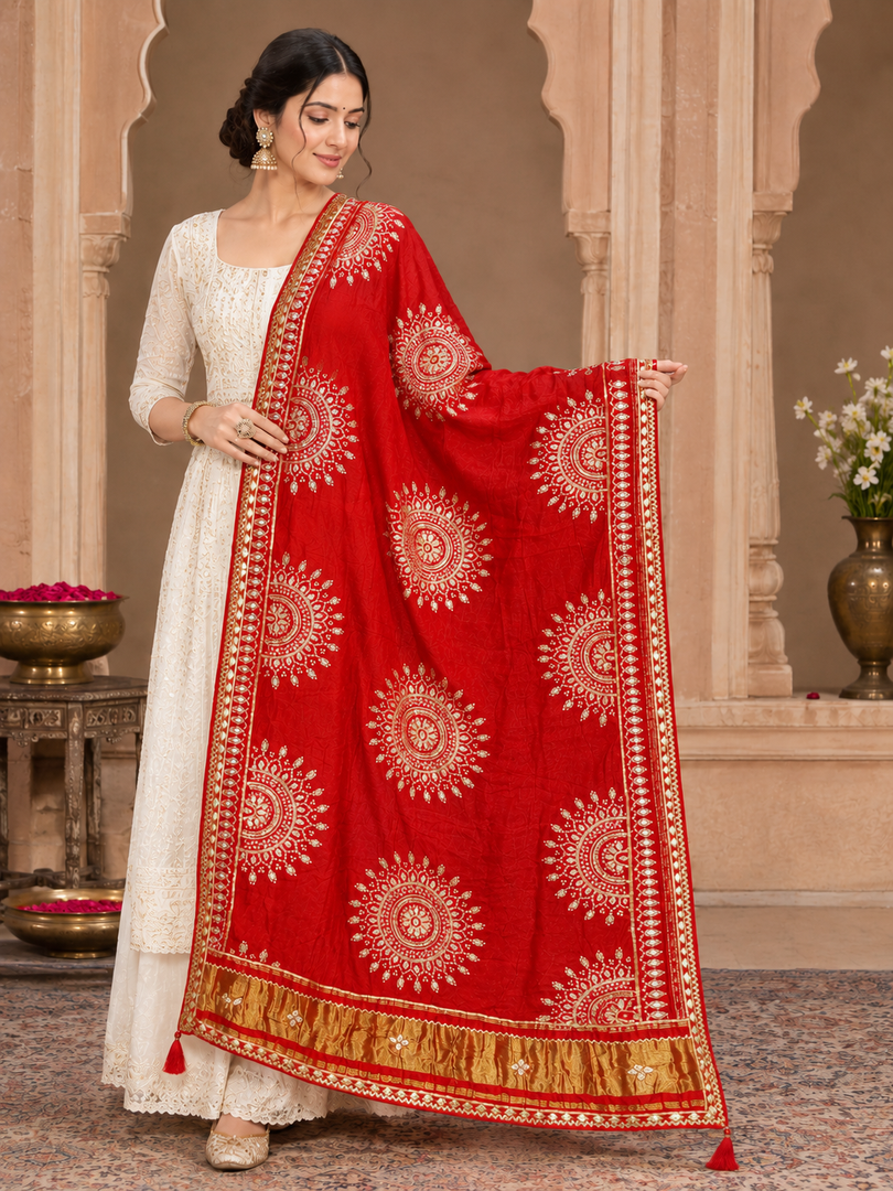 Pure Gajji Silk Rasmandal Chakra Bandhani Dupatta With Heavy Kaccha Gota & Lakdi Patta Palla