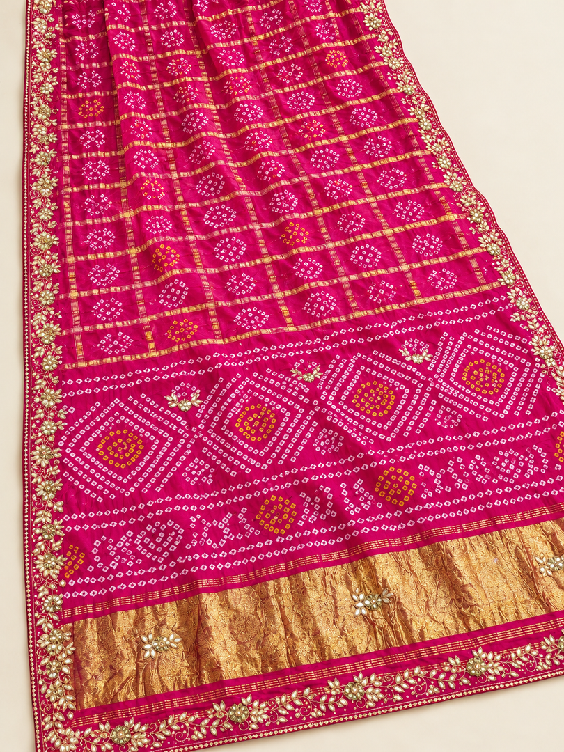 Traditional Rajasthani Ghatchola Saree | Heavy Lakdi Patta Palla & Cutdana Handwork