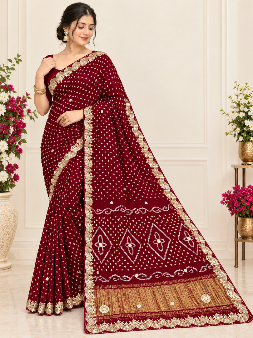 Pure Gajji Modal Silk Hand Bandhej Saree | Heavy Hand Gota Patti Work | Royal Rajasthani Designer Saree ❤️