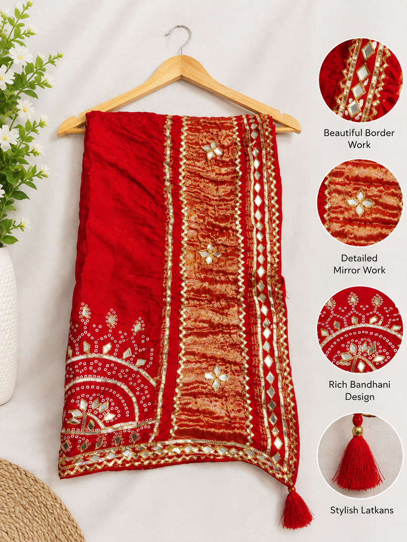 Pure Gajji Silk Rasmandal Chakra Bandhani Dupatta With Heavy Kaccha Gota & Lakdi Patta Palla