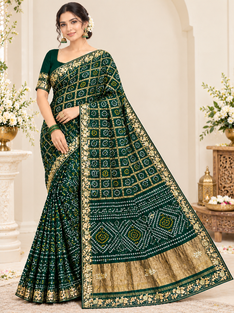 Traditional Rajasthani Ghatchola Saree | Heavy Lakdi Patta Palla & Cutdana Handwork