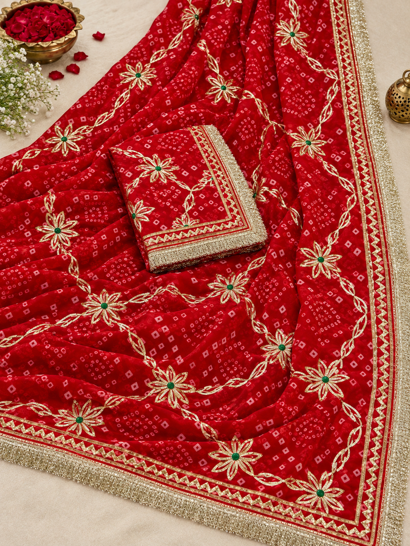 Royal Jaipuri Bandhej | Pure Georgette | Heavy Kaccha Sikhiya Charkhi Gota Jaal | Rajputi Lace Border