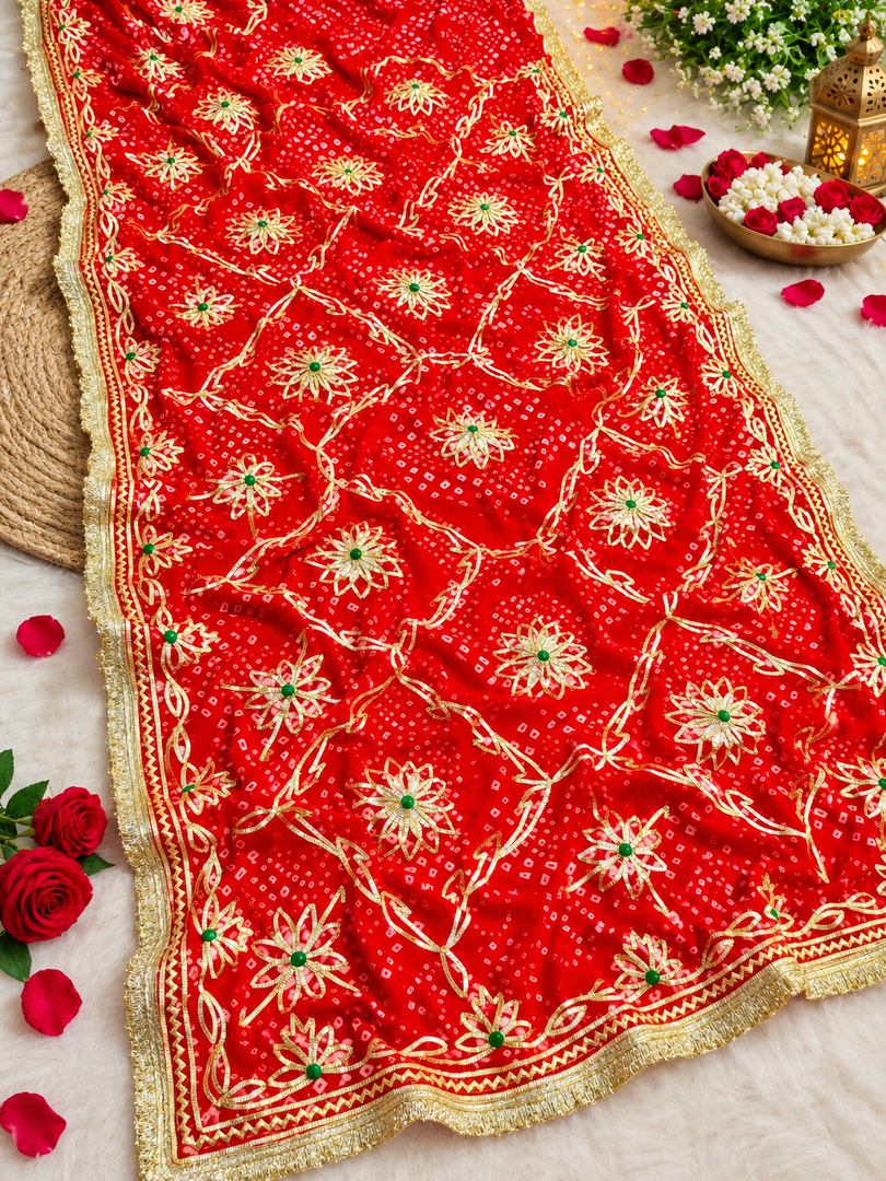 Royal Jaipuri Bandhej | Pure Georgette | Heavy Kaccha Sikhiya Charkhi Gota Jaal | Rajputi Lace Border
