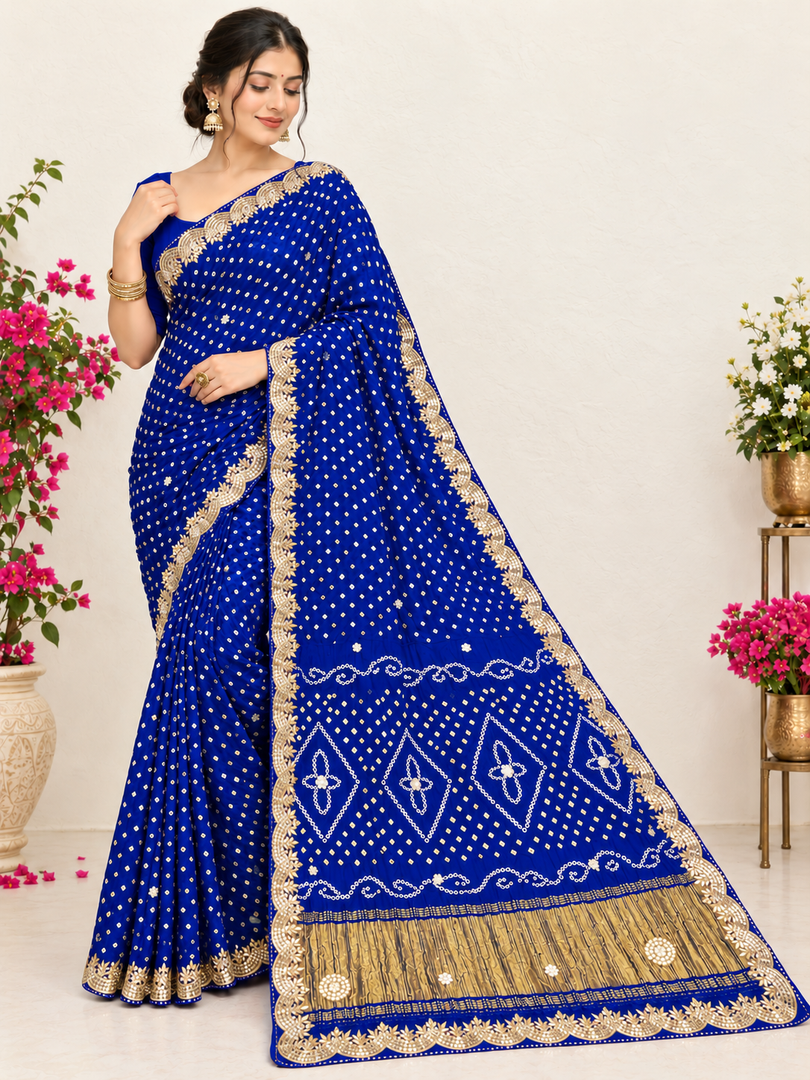 Pure Gajji Modal Silk Hand Bandhej Saree | Heavy Hand Gota Patti Work | Royal Rajasthani Designer Saree ❤️