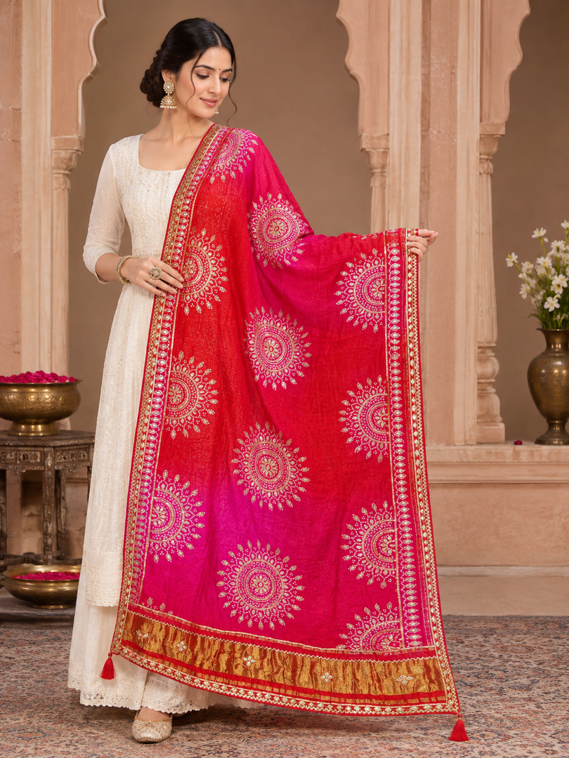 Pure Gajji Silk Rasmandal Chakra Bandhani Dupatta With Heavy Kaccha Gota & Lakdi Patta Palla