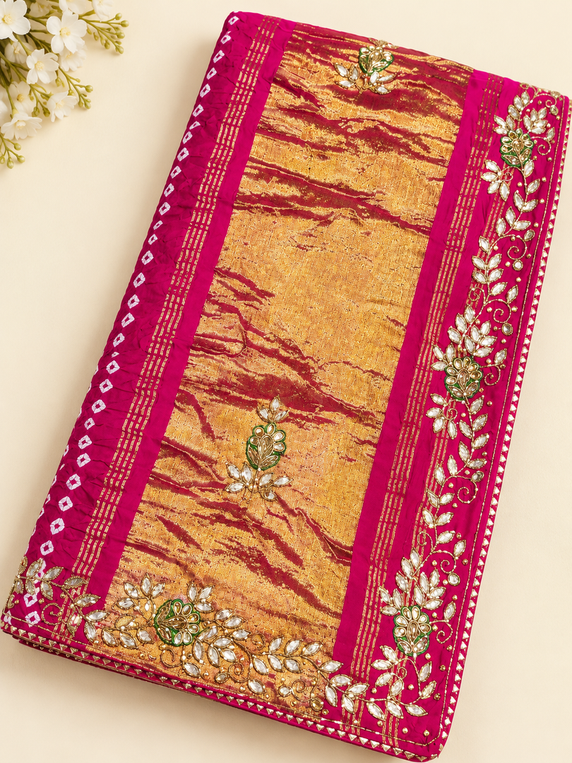 Traditional Rajasthani Ghatchola Saree | Heavy Lakdi Patta Palla & Cutdana Handwork