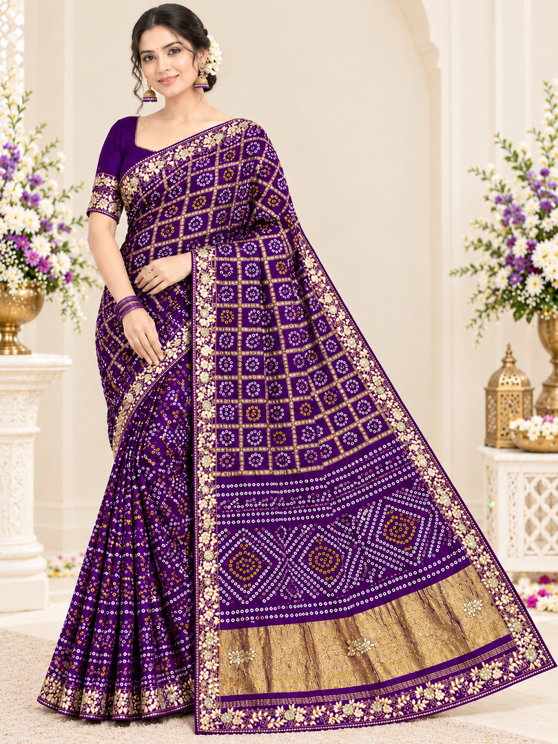 Traditional Rajasthani Ghatchola Saree | Heavy Lakdi Patta Palla & Cutdana Handwork