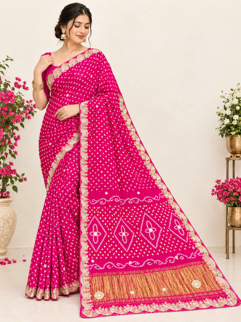 Pure Gajji Modal Silk Hand Bandhej Saree | Heavy Hand Gota Patti Work | Royal Rajasthani Designer Saree ❤️