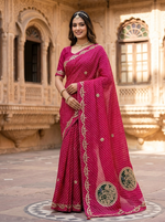 Load image into Gallery viewer, Georgette Rani Pink Leheriya Saree with Hand Gota Patti &amp; Peacock Motif Pallu