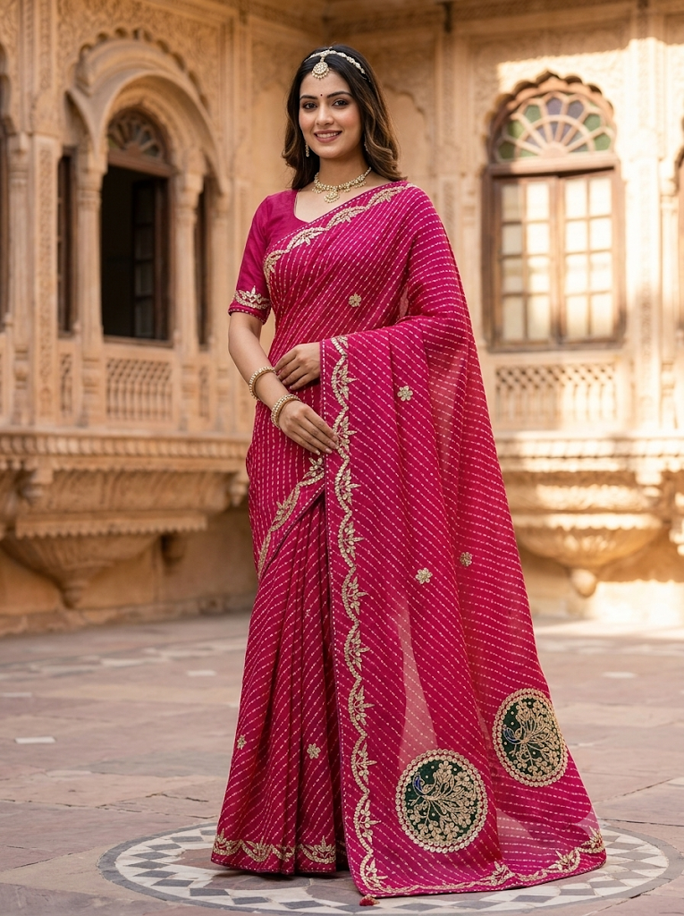 Georgette Rani Pink Leheriya Saree with Hand Gota Patti & Peacock Motif Pallu