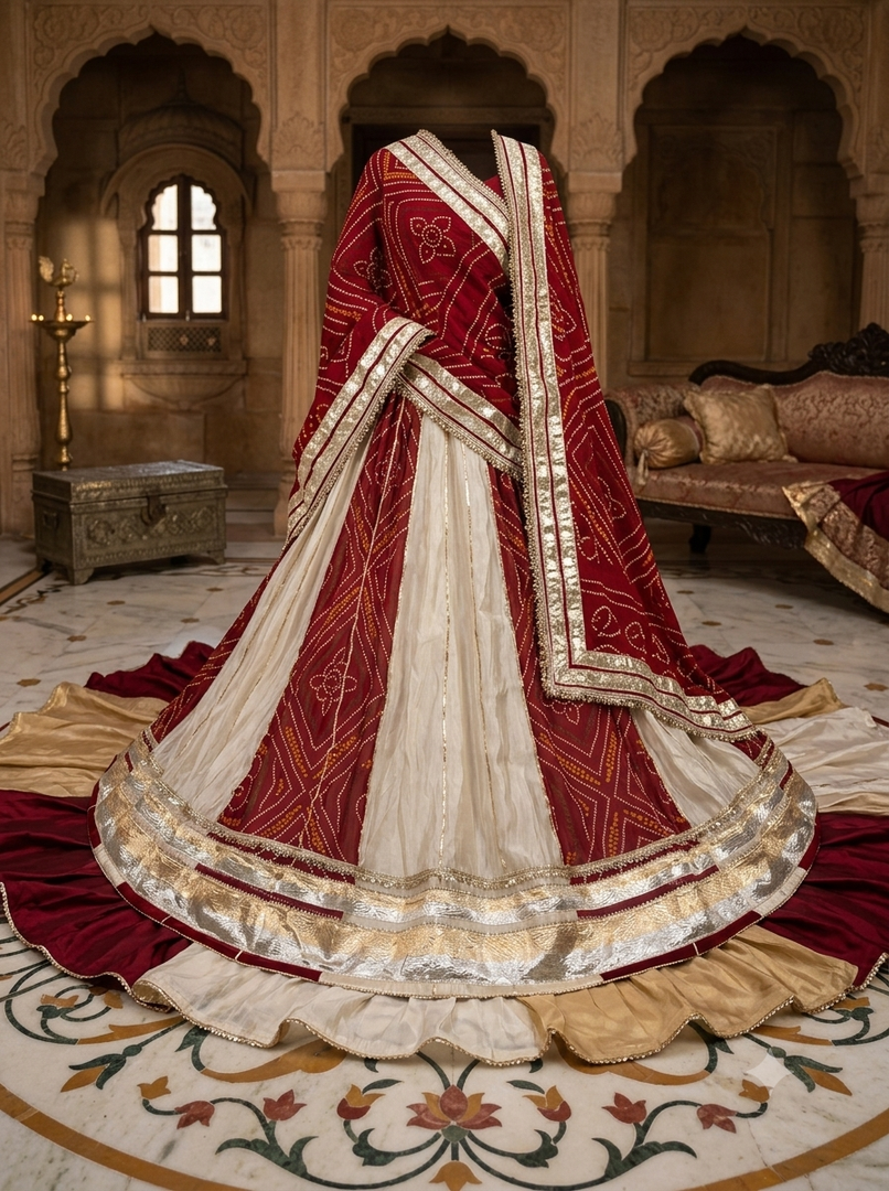 Pure Cosmos Silk & Pure Georgette Bandhej Panel Lehenga Set with Gota Work